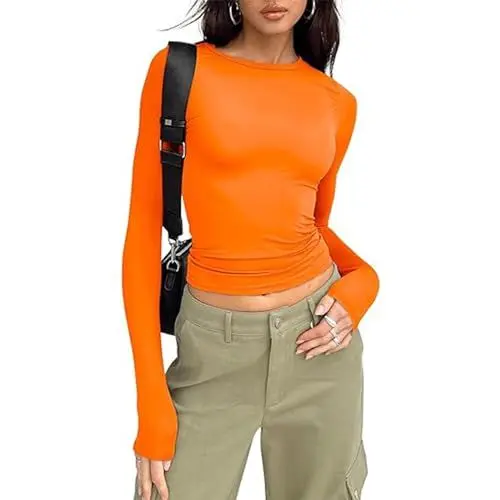 Produktbild: OYIGELZ Langarmshirt Tunika Damen Basic T-Shirt Crop Top Y2K Slim Fit Oberteile Casual Rundhals Tee Shirt(Orange-a,M)