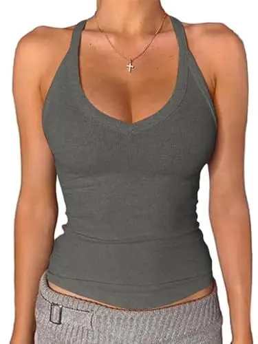 Produktbild: OYIGELZ Tank Top Damen Summer Träger Top Ärmellose Unterhemd Y2K Slim Fit Crop Tops Basic Shirt Camisole Sport Oberteile Sexy V-Ausschnitt Spaghetti Gerippt Tanktops Streetwear(Gepunktgrau,S)