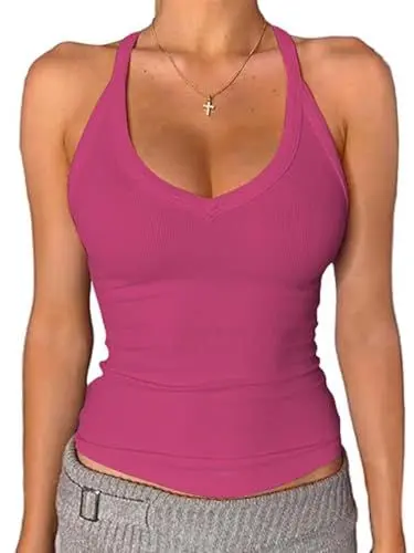 Produktbild: OYIGELZ Tank Top Damen Summer Träger Top Ärmellose Unterhemd Y2K Slim Fit Crop Tops Basic Shirt Camisole Sport Oberteile Sexy V-Ausschnitt Spaghetti Gerippt Tanktops Streetwear(Rosenrot,XXL)