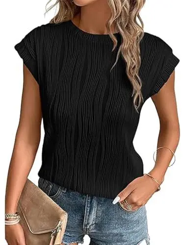 Produktbild: OYIGELZ Tshirt Damen Tops Rundhals Oberteile Einfarbig Tank Top Elegant Basic Blusen Kurzarm T-Shirt Sommer Casual Lose Tee(Schwarz,M)