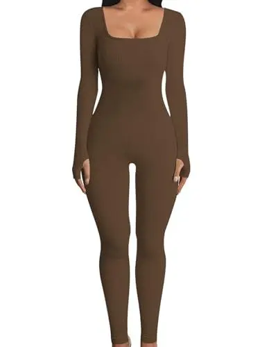 Produktbild: OYIGELZ Yoga Jumpsuit Damen Einteiligem Gerippte Strick Langarm Sport Workout jumpsuits Hosenanzug Trainingsanzug Eckigem Ausschnitt Figurbetontem Kuscheliger Overall(Braun-J,S)