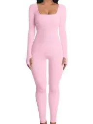 Produktbild: OYIGELZ Yoga Jumpsuit Damen Einteiligem Gerippte Strick Langarm Sport Workout jumpsuits Hosenanzug Trainingsanzug Eckigem Ausschnitt Figurbetontem Kuscheliger Overall(Hellrosa-J,L)