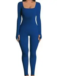Produktbild: OYIGELZ Yoga Jumpsuit Damen Einteiligem Gerippte Strick Langarm Sport Workout jumpsuits Hosenanzug Trainingsanzug Eckigem Ausschnitt Figurbetontem Kuscheliger Overall(Saphirblau-J,S)