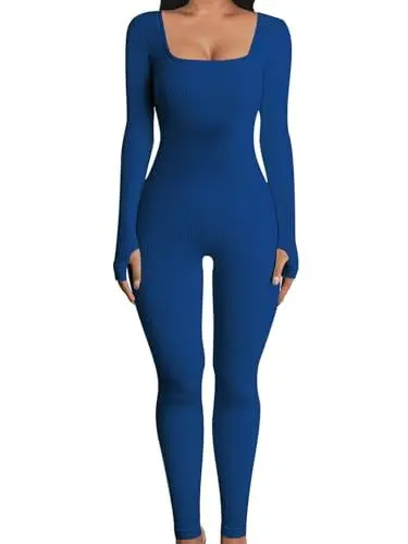 Produktbild: OYIGELZ Yoga Jumpsuit Damen Einteiligem Gerippte Strick Langarm Sport Workout jumpsuits Hosenanzug Trainingsanzug Eckigem Ausschnitt Figurbetontem Kuscheliger Overall(Saphirblau-J,S)