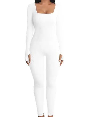 Produktbild: OYIGELZ Yoga Jumpsuit Damen Einteiligem Gerippte Strick Langarm Sport Workout jumpsuits Hosenanzug Trainingsanzug Eckigem Ausschnitt Figurbetontem Kuscheliger Overall(Weiß-J,L)