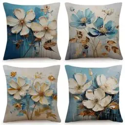Produktbild: OYIMUA 4er Set Blue Kissenbezug 40x40 Blumen Kissenbezüge Leinen Deko Sofakissen Quadratisch Kissenhülle Garten Dekokissen Outdoor Kissen Bezug Zierkissen Aesthetic Couchkissen