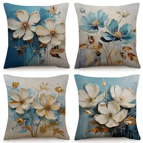 Produktbild: OYIMUA 4er Set Blue Kissenbezug 40x40 Blumen Kissenbezüge Leinen Deko Sofakissen Quadratisch Kissenhülle Garten Dekokissen Outdoor Kissen Bezug Zierkissen Aesthetic Couchkissen