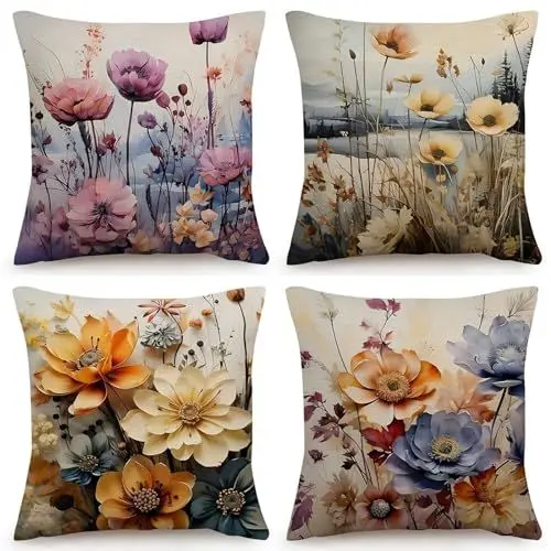 Produktbild: OYIMUA 4er Set Gelb Kissenbezug 40x40 Blumen Kissenbezüge Leinen Deko Sofakissen Quadratisch Kissenhülle Garten Dekokissen Outdoor Kissen Bezug Zierkissen Aesthetic Couchkissen
