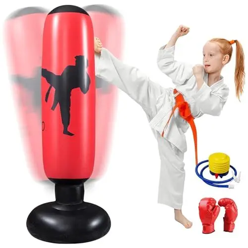 Produktbild: Oziral Boxsack Kinder, Aufblasbarer Boxsack,160cm Boxsack Stehend, Standboxsack mit Luftpumpe und Boxhandschuhen für Karate Kickboxen, Trainingsausrüstung, Geschenk (Rot)