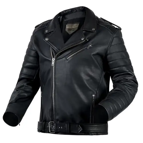 Produktbild: OZONE MOTO Modern Motorradjacke Herren | Ziegenleder | Ellbogen und Schulterprotektoren Stufe 1 | Rückenprotektortasche | Moderner Retro Look