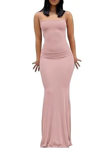 Produktbild: OZYILIAN Damen Cami Bodycon Kleid Casual Basic Kleid Spaghetti Strap Maxikleid(Light Pink-1, M)