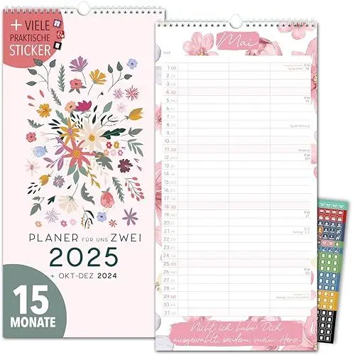 Produktbild: Paarplaner 2025 3 Spalten GARTENLIEBE Planer für Zwei 2025 und Okt-Dez 2024 Partnerkalender 16x32,5cm Paarkalender f. Paare 2025 Wandplaner 2 Personen STICKER Recycling Urlaub (2025)