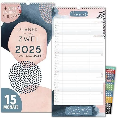 Produktbild: Paarplaner 2025 3 Spalten PASTELL Planer für Zwei 2025 und Okt-Dez 2024 Partnerkalender 16x32,5cm Paarkalender f. Paare 2025 Wandplaner 2 Personen STICKER Recycling Urlaub, Pflanzkalender Wasserfarben