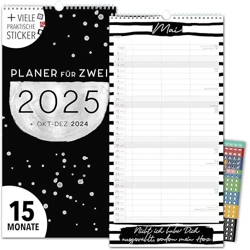 Produktbild: Paarplaner 2025 3 Spalten SCHWARZ-WEIß Planer für Zwei 2025 und Okt-Dez 2024 Partnerkalender 16x32,5cm Paarkalender f. Paare 2025 Wandplaner 2 Personen STICKER Recycling Urlaub, Pflanzkalender s/w