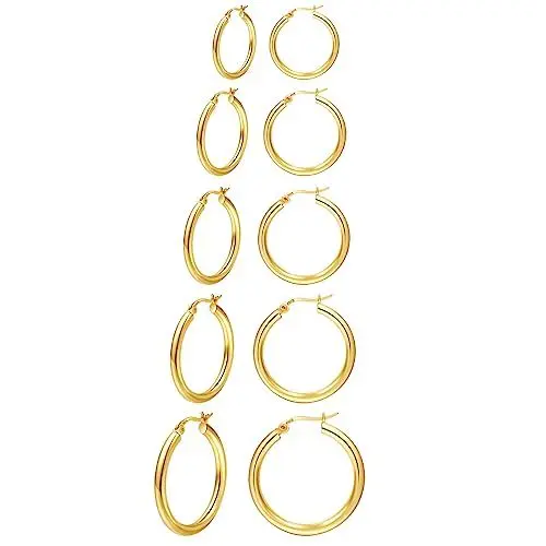 Produktbild: PABBEU 5Paare Goldene Ohrringe Damen Ohrringe Gold Creolen Schläfer Creolen Gold Klein Mini Hypoallergen Gold Ohrringe für Damen und Mädchen 8/10/12/14/16mm