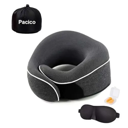 Produktbild: Pacico Reisekissen, Nackenkissen, 100% Reiner Memory-Schaum, Schlafkissen für Auto, Zug und Flugzeug, Reiseset mit 3D-konturierten Augenmasken und Ohrstöpseln (Dunkelgrau)
