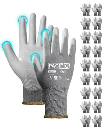 Produktbild: PACIFIC 18 Paare Graue Sicherheits-Arbeitshandschuhe – Rutschfeste PU-Beschichtung, Leicht & Atmungsaktive, Ideal für Allgemeine Arbeiten, Gartenarbeit, Arbeitshandschuhe Herren & Damen gr 9/L