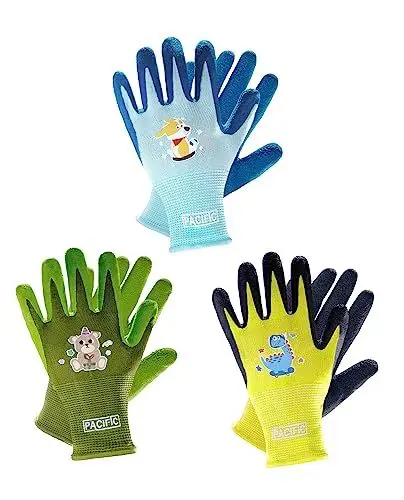 Produktbild: PACIFIC 3 Paar Kinder Gartenhandschuhe für 2-5 Jahre, Naturlatex-beschichtete Gartenhandschuhe, Rutschfeste Kinder Sicherheitshandschuhe, für Outdoor, Malen & DIY, Jungen & Mädchen, Mehrfarbig, XXXS