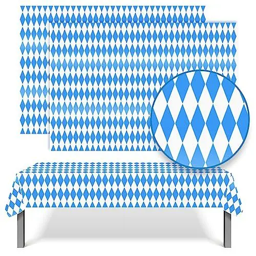 Produktbild: Pack mit 2 Oktoberfest-Tischdecken, 274 x 137 cm, blau-weiße Kunststoff-Rechteck-Tischdecke, Bayerisches Tischgeschirr, Tischdecke für deutsche Bierfeste und Oktoberfest-Dekorationen