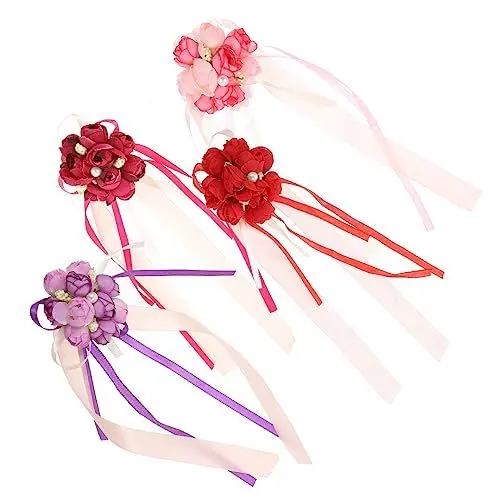 Produktbild: PACKOVE 4 Stück Braut Handgelenk Blumen Brautsträuße Für Die Braut Künstlich Blumenkorsagenarmband Ansteckblume Hochzeitsdekoration Damenarmband Handblumen Fräulein Rot Plastikblume
