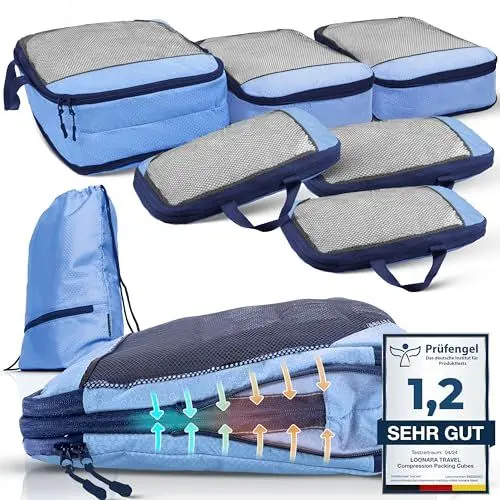 Produktbild: Packtaschen Kompression für Koffer und Rucksack (7-teilig) - mehr Platz im Koffer oder Backpack durch Kompression – Packwürfel Kompression (blau)