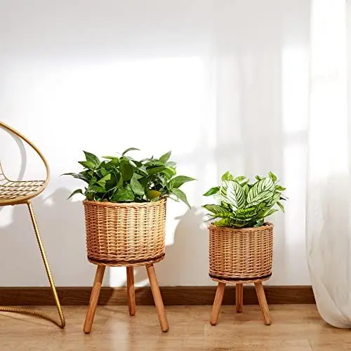 Produktbild: Paco Home Blumentopf Übertopf Natur Rattan Set mit Folieneinsatz Pflanzentopf Auslaufsicher Groß für Zimmerpflanzen, Farbe:Natur, Sets:2pcs Set/Design 6