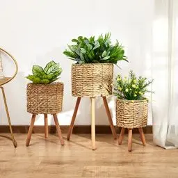 Produktbild: Paco Home Blumentopf Übertopf Natur Rattan Set mit Folieneinsatz Pflanzentopf Auslaufsicher Groß für Zimmerpflanzen, Farbe:Natur, Sets:3pcs Set/Design 2