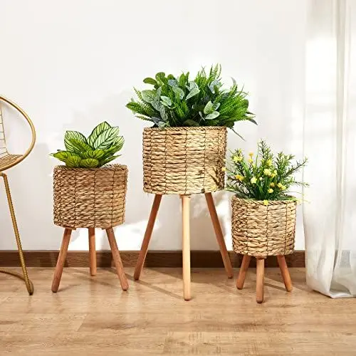 Produktbild: Paco Home Blumentopf Übertopf Natur Rattan Set mit Folieneinsatz Pflanzentopf Auslaufsicher Groß für Zimmerpflanzen, Farbe:Natur, Sets:3pcs Set/Design 2
