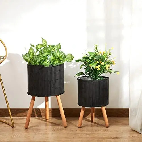 Produktbild: Paco Home Blumentopf Übertopf Natur Rattan Set mit Folieneinsatz Pflanzentopf Auslaufsicher Groß für Zimmerpflanzen, Farbe:Schwarz, Sets:2pcs Set/Design 4
