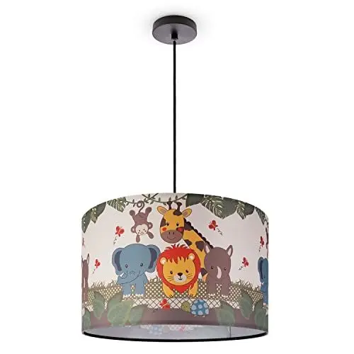 Produktbild: Paco Home Hängelampe Pendellampe Mädchen Junge Kinderzimmer Deckenlampe Stoff Lampenschirm Dschungel Tiere E27 1,5m Textilkabel Kürzbar Dino Löwe Zoo