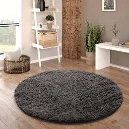 Produktbild: Paco Home Hochflor Teppich Rund Wohnzimmer Schlafzimmer rutschfest Shaggy Modern Flauschig Einfarbig Langflor Kunstfell, Grösse:120 cm Rund, Farbe:Anthrazit