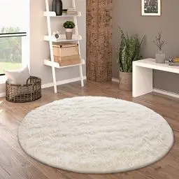 Produktbild: Paco Home Hochflor Teppich Rund Wohnzimmer Schlafzimmer rutschfest Shaggy Modern Flauschig Einfarbig Langflor Kunstfell, Grösse:120 cm Rund, Farbe:Ivory (Creme)