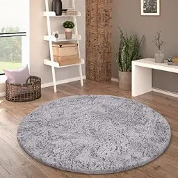 Produktbild: Paco Home Hochflor Teppich Rund Wohnzimmer Schlafzimmer rutschfest Shaggy Modern Flauschig Einfarbig Langflor Kunstfell, Grösse:160 cm Rund, Farbe:Silber