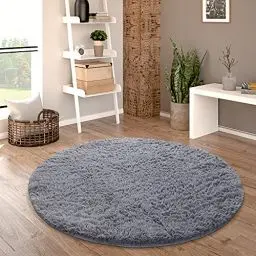 Produktbild: Paco Home Hochflor Teppich Rund Wohnzimmer Schlafzimmer rutschfest Shaggy Modern Flauschig Einfarbig Langflor Kunstfell, Grösse:200 cm Rund, Farbe:Grau