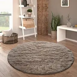 Produktbild: Paco Home Hochflor Teppich Rund Wohnzimmer Schlafzimmer rutschfest Shaggy Modern Flauschig Einfarbig Langflor Kunstfell, Grösse:120 cm Rund, Farbe:Taupe