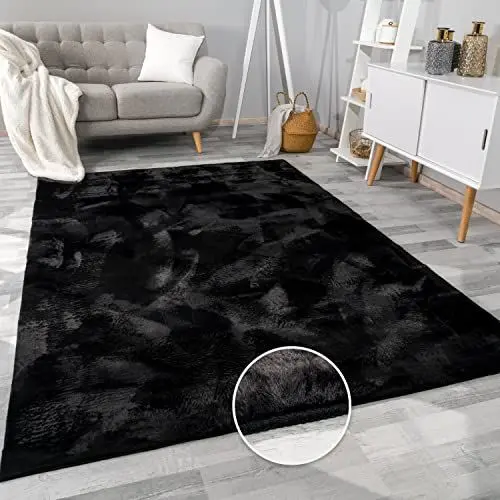 Produktbild: Paco Home Teppich Wohnzimmer Kunstfell weich waschbar modern elegant pflegeleicht Felloptik Uni Seidenglanz flauschig Kurzflor, Grösse:140x200 cm, Farbe:Schwarz