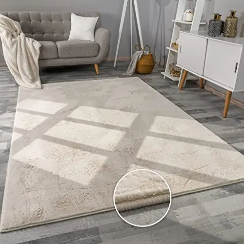 Produktbild: Paco Home Teppich Wohnzimmer Kunstfell weich waschbar modern elegant pflegeleicht Felloptik Uni Seidenglanz flauschig Kurzflor, Grösse:140x200 cm, Farbe:Creme