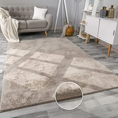 Produktbild: Paco Home Teppich Wohnzimmer Kunstfell weich waschbar modern elegant pflegeleicht Felloptik Uni Seidenglanz flauschig Kurzflor, Grösse:80x150 cm, Farbe:Beige