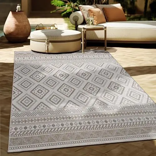 Produktbild: Paco Home Outdoor Teppich Flachgewebe Modern Boho-Style wetterfest & UV-beständig Ideal für Terrasse Balkon Wohnzimmer & Küche, Grösse:80x150 cm, Farbe:Beige 2