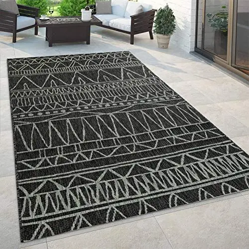 Produktbild: Paco Home In- & Outdoor Teppich Flachgewebe mit Palmen- & Boho-Muster in Sisaloptik Modern langlebig, robust & wetterfest Ideal für Terrasse, Garten & Balkon, Grösse:160x220 cm, Farbe:Schwarz