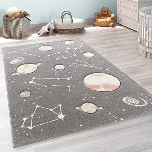 Produktbild: Paco Home Kinder-Teppich, Spiel-Teppich Für Kinderzimmer Mit Planeten Und Sternen, In Grau, Grösse:120x170 cm