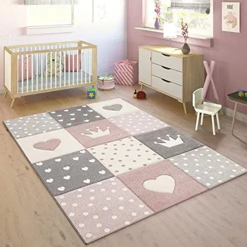 Produktbild: Paco Home Kinderteppich Pastellfarben Kariert Punkte Herzen Sterne Weiß Grau Rosa, Grösse:160x230 cm, 10-44-13-1|7