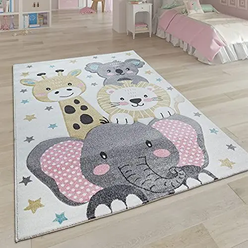 Produktbild: Paco Home Kinderteppich Teppich Kinderzimmer Kurzflor Mädchen Jungs Sterne Tier Muster Creme Grau, Grösse:120 cm Rund