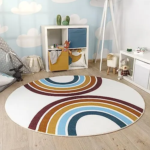 Produktbild: Paco Home Kinderteppich Teppich Kinderzimmer Rund Spielmatte Babymatte Waschbar Bis 30 Grad Sonne Regenbogen Schriftzug Motiv, Grösse:160 cm Rund, Farbe:Bunt 2