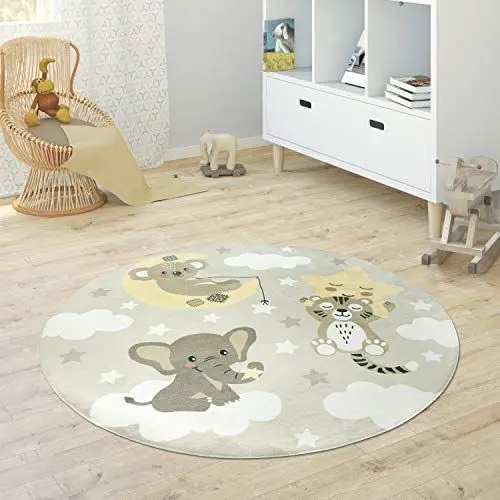 Produktbild: Paco Home Kinderteppich Teppich Rund Kinderzimmer Spielmatte Babymatte rutschfest Stern Mond Elefant Regenbogen, Grösse:Ø 120 cm Rund, Farbe:Beige