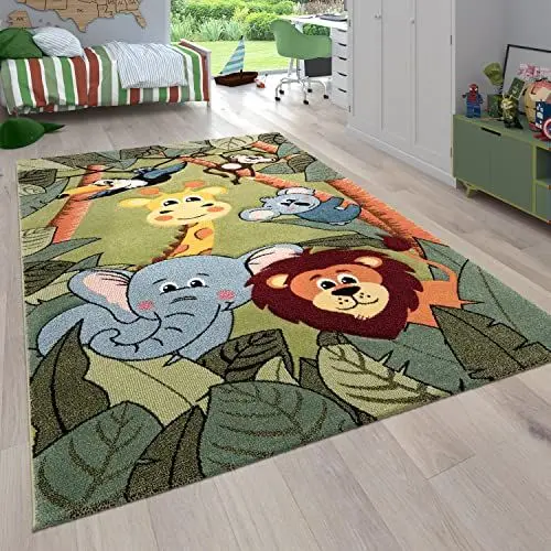 Produktbild: Paco Home Kinderzimmer Kinderteppich für Jungen mit Tier u. Dschungel Motiven Kurzflor, Grösse:80x150 cm, Farbe:Grün