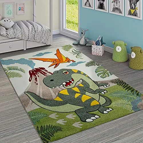 Produktbild: Paco Home Kinderzimmer Teppich Grün Dinosaurier Dschungel Vulkan 3-D Effekt Kurzflor, Grösse:80x150 cm
