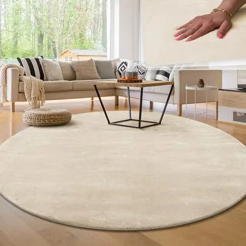 Produktbild: Paco Home Moderner Kuscheliger Wohnzimmer Teppich Kurzflor waschbar flauschig Weich Einfarbig Felloptik zeitlos stilvoll rutschfest pflegeleicht, Grösse:160 cm Rund, Farbe:Creme