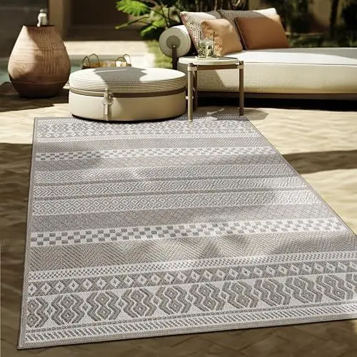 Produktbild: Paco Home Outdoor Teppich Flachgewebe Modern Boho-Style wetterfest & UV-beständig Ideal für Terrasse Balkon Wohnzimmer & Küche, Grösse:133x190 cm, Farbe:Beige