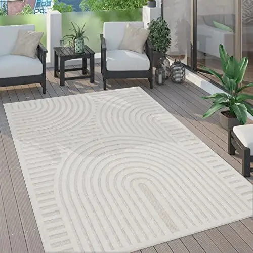 Produktbild: Paco Home Outdoor Teppich wetterfest & langlebig Moderne Boho-Designs mit 3D-Effekt Skandi-Look UV-beständig & robust für Balkon, Garten, Wohnzimmer & Küche, Grösse:120x160 cm, Farbe:Creme 4